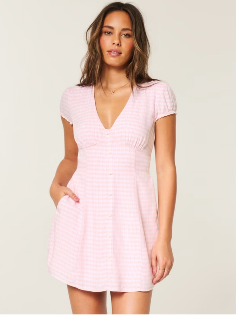 Hollister Light Pink Plaid V-Neck Button-Front Mini Dress